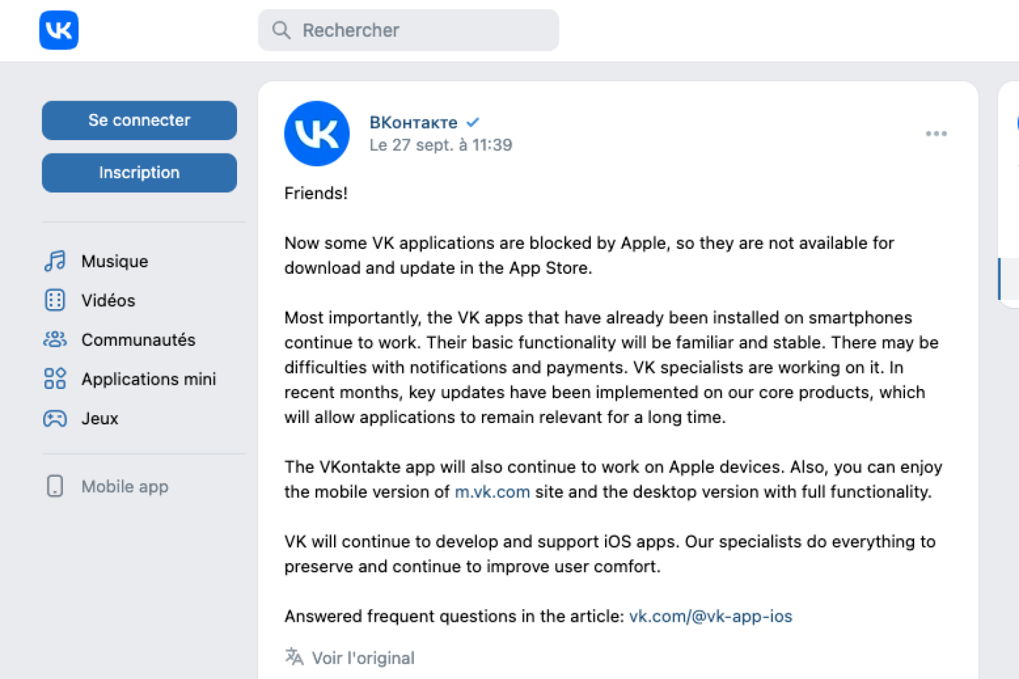 Apple retire le réseau social russe VKontakte de l’App Store