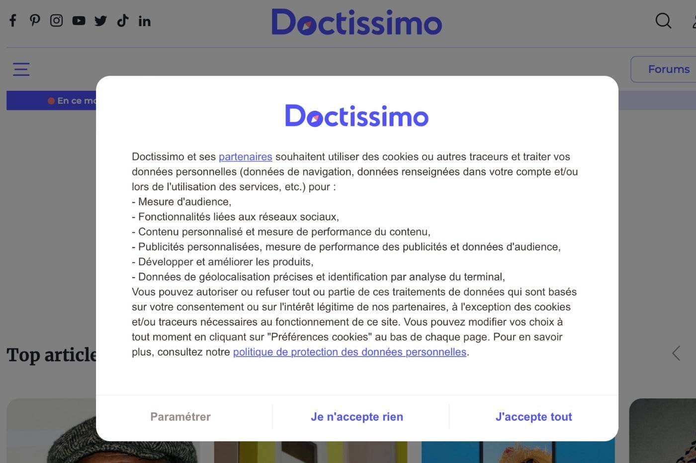 Copie d'écran du site de Doctissimo le vendredi 19 mai 2023.