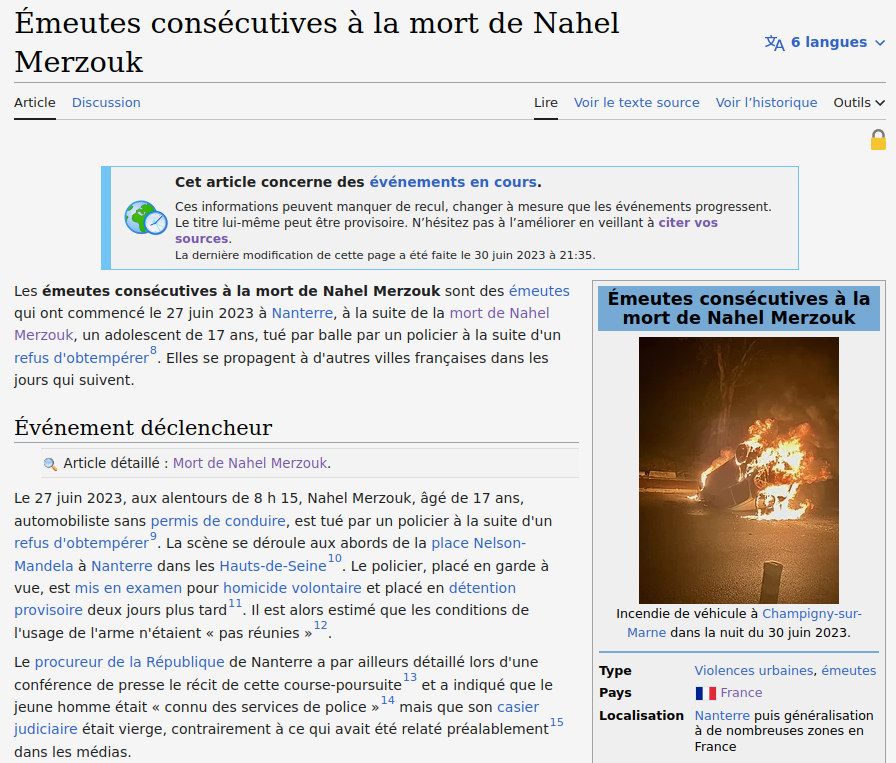 Mort de Nahel Merzouk: les émeutes rapidement traitées dans Wikipédia