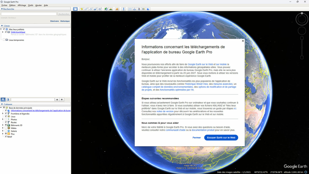 Avis de disparition pour l'application Google Earth Pro